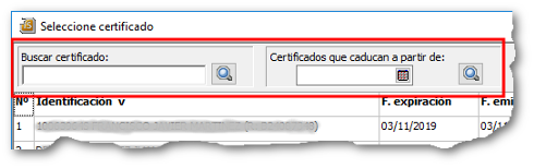 Opciones de búsqueda en la selección de Certificados