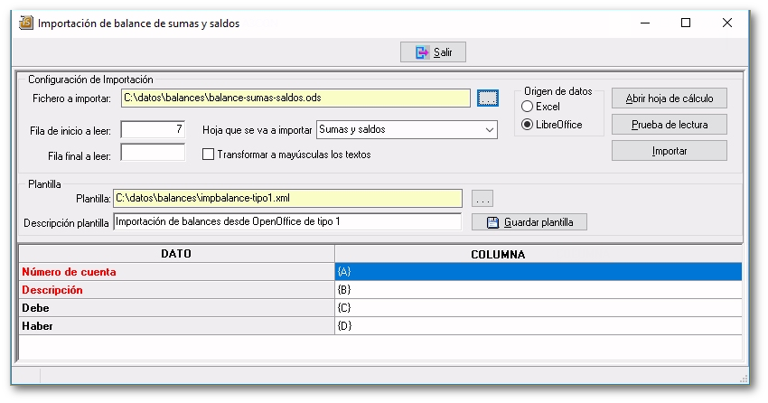 Importación del balance desde Hojas de cálculo