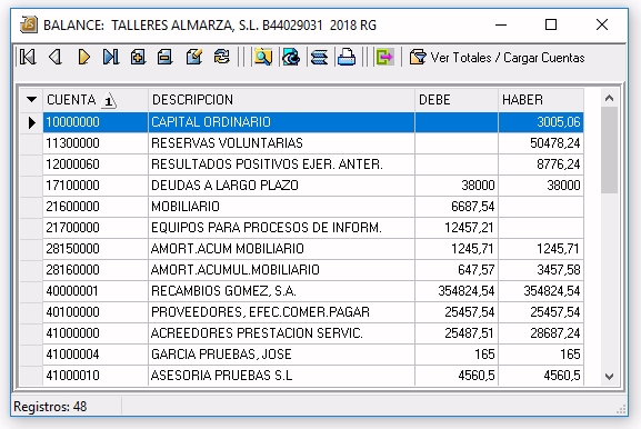 Balance una vez importado en el programa